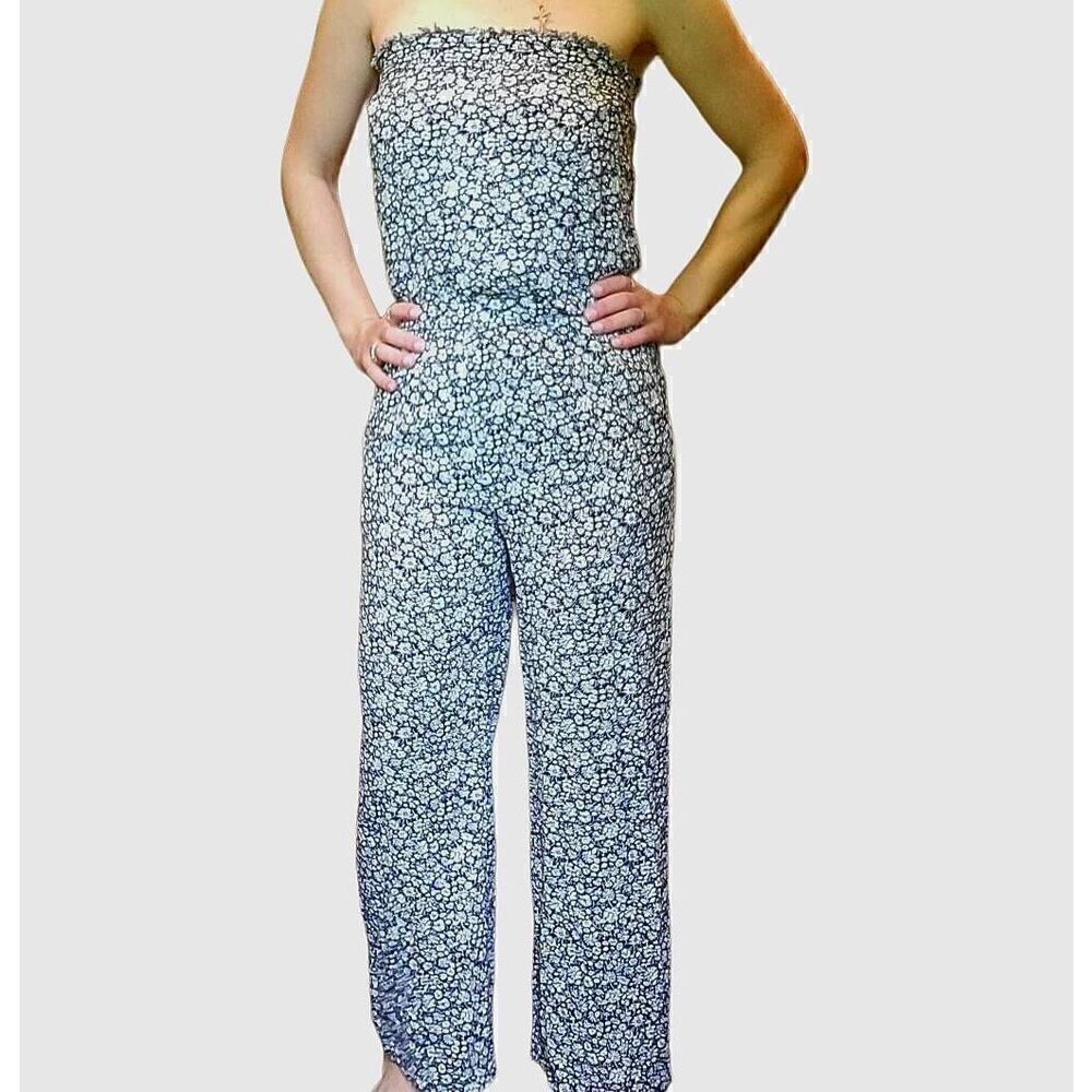 American Eagle Strapless Floral Wide Leg Jumpsuit Boho Black White Small
